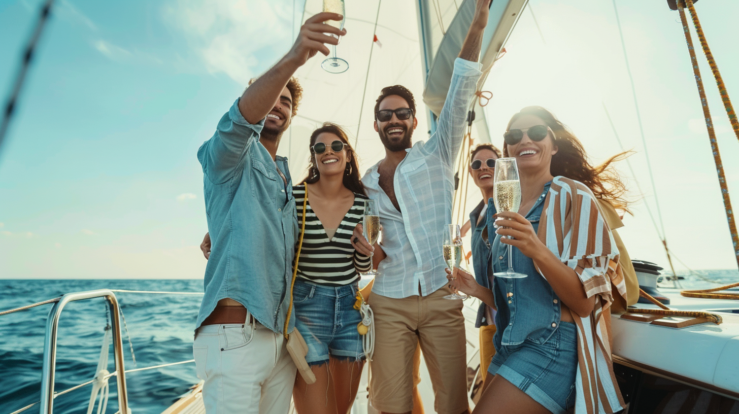 Groupe sur un voilier en bord de mer