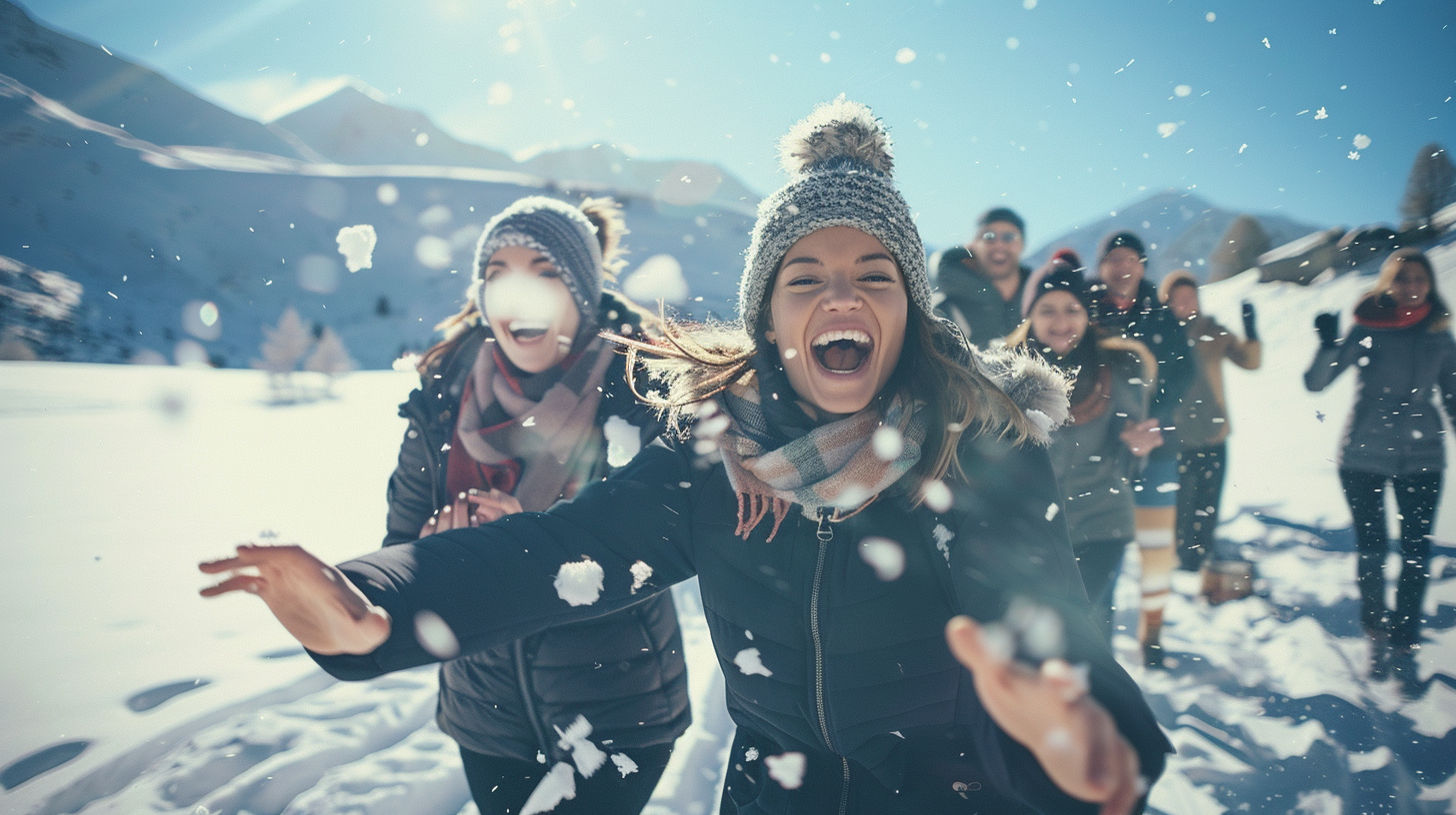 Groupe dans la neige en montagne